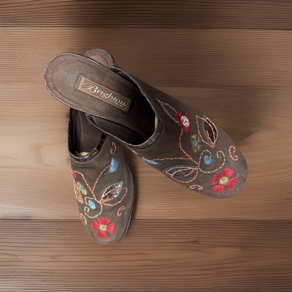 Brighton Fiona Women's Floral Embroidered Suede Leather Mule Clogs Sz 8 - Picture 5 of 8